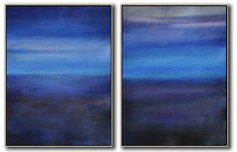 Large Abstract Painting Canvas Art,Set Of 2 Abstract Painting On Canvas,Large Abstract Wall Art Grey,Blue,Dark Blue,Black